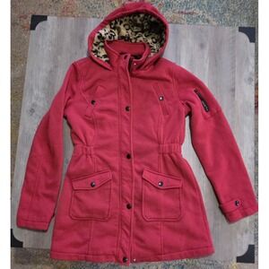Yoki Red Mid Length Jacket With Leopard Fur Trim Hood Women M